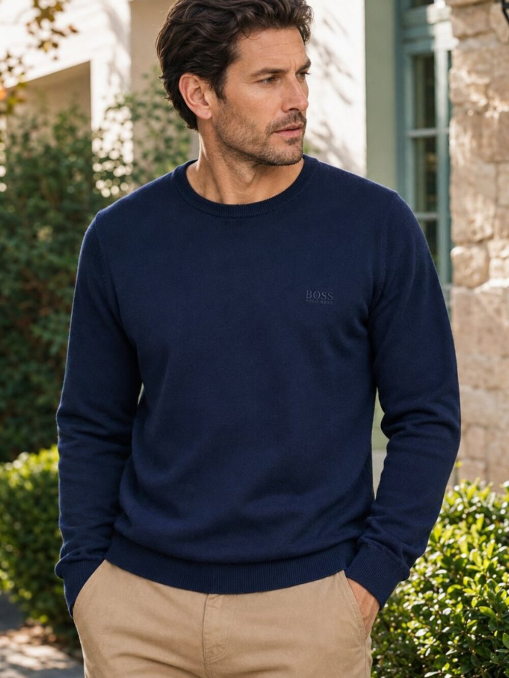 Hugo Boss Dark Navy Fine Knit Crewneck Sweater Men’s Sz 52 Cotton Luxury Minimal